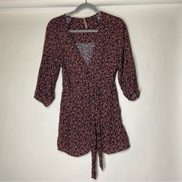 Free People XS Extra Small Clara Black Floral Ditsy Print Mini Tunic Dress Boho - Picture 2 of 8